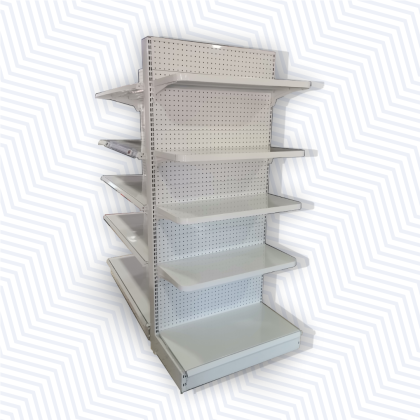 Estante tipo pirámide central de exhibición 12 paños ajustables con espaldar de plafón para colgar ganchos